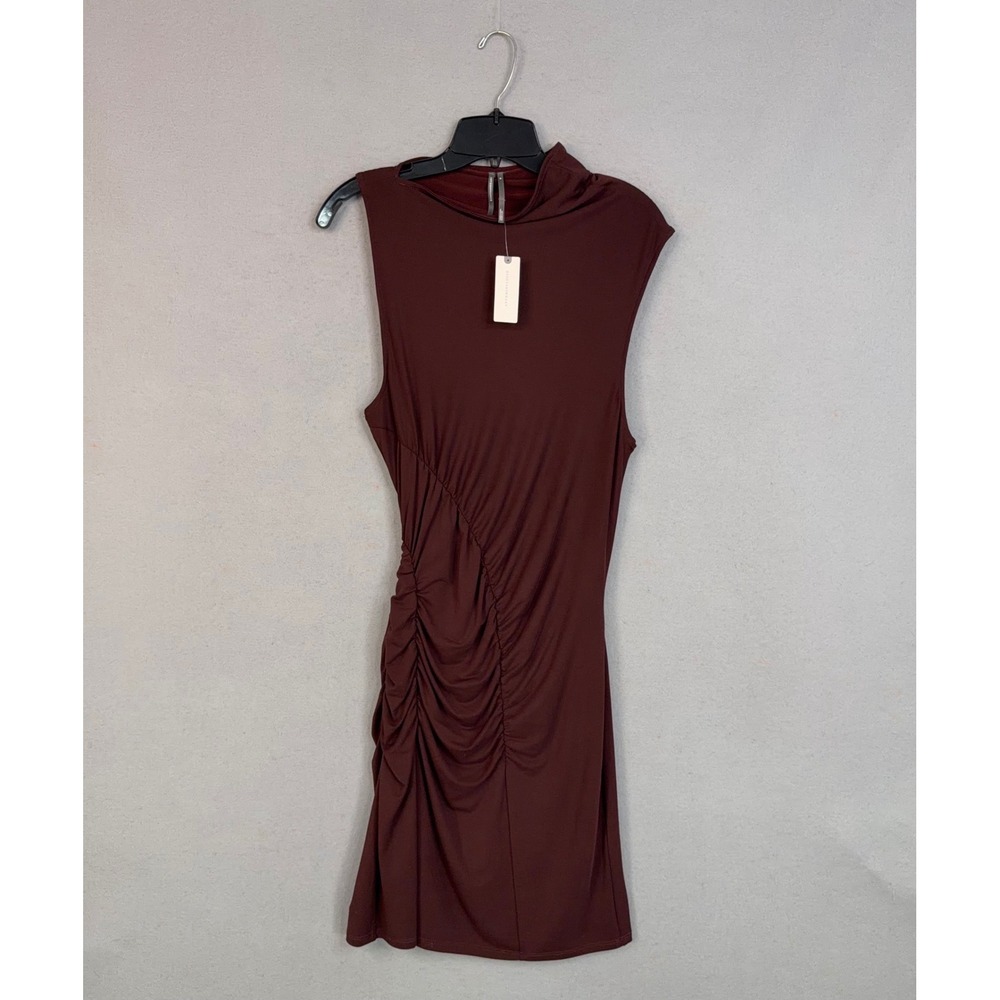 Anthropologie Dress Womens Medium Brown Ruched Mock Neck Sleeveless Mini Bodycon
